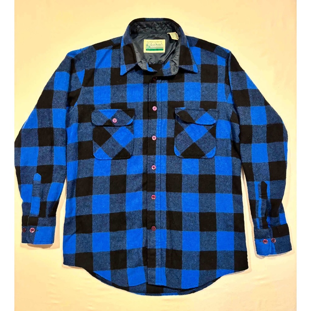 Vintage Gander Mountain Buffalo Plaid Wool Blend Shirt Blue Black Mens Medium